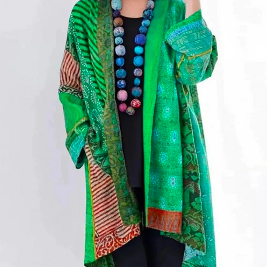 Dam Cardigan – Ullstickad – Oversized Passform – Lång Längd – Öppen Bohemstil