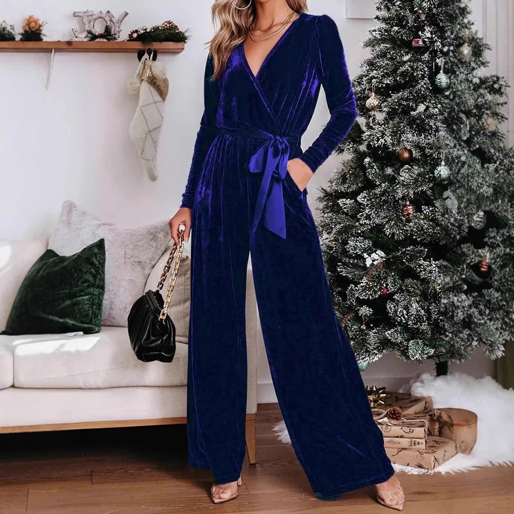 Dams Jumpsuit – Skräddarsydd Passform – Sammet – V-ringning – Långärmad – Vida Ben
