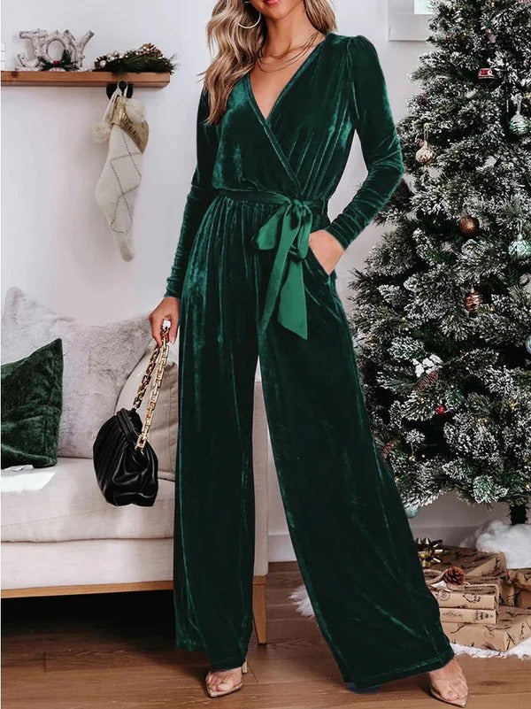 Dams Jumpsuit – Skräddarsydd Passform – Sammet – V-ringning – Långärmad – Vida Ben