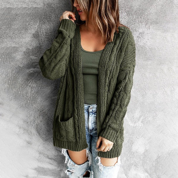 Dam Cardigan – Stickad Ullblandning – Avslappnad Passform – Kabelstickad – Öppen Front