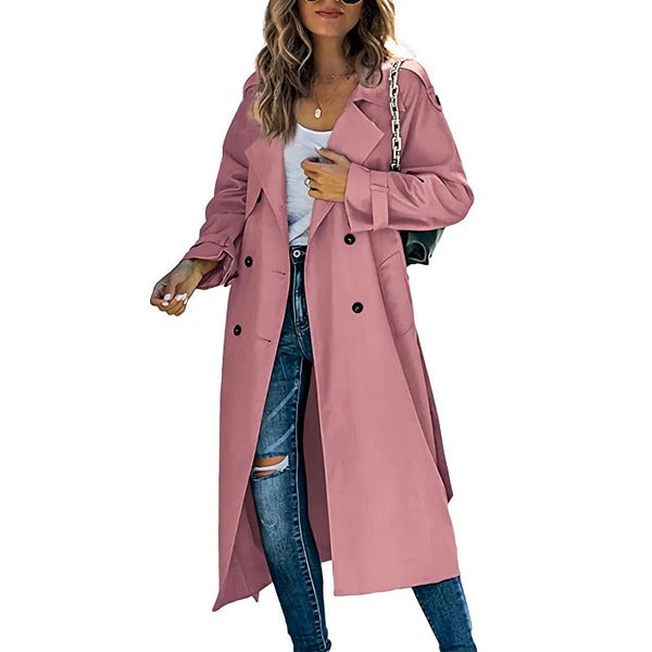 Dam Trenchcoat – Avslappnad Passform – Dubbelspränd – Bred Krage – Lång Modell