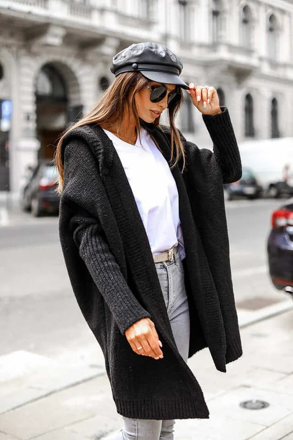 Dam Cardigan – Stickad – Oversized Passform – Huvtröja – Öppen Front – Ribbstickade Kanter
