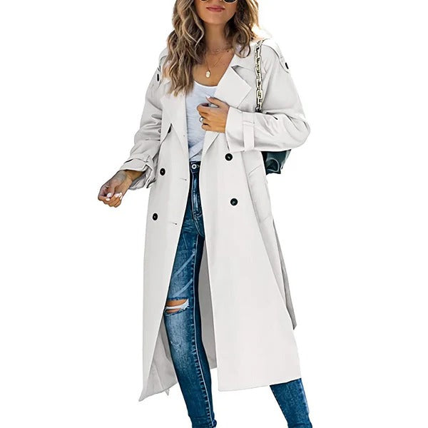 Dam Trenchcoat – Avslappnad Passform – Dubbelspränd – Bred Krage – Lång Modell