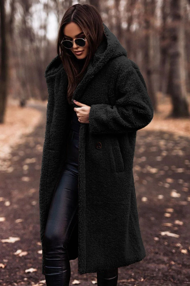 Dam Teddy-kappa – Oversized passform – Plysch fleece – Huvtröja – Öppen lång modell