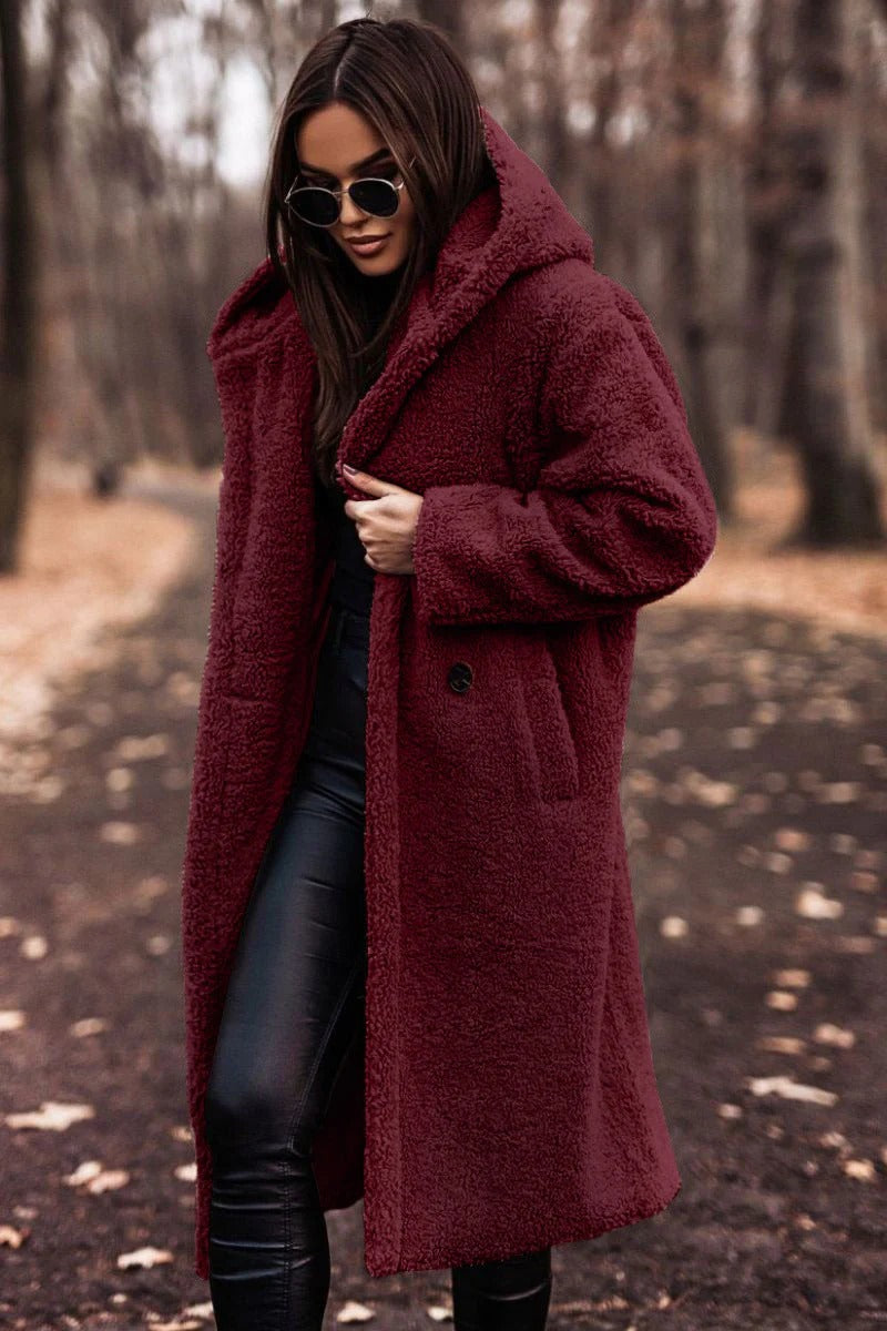 Dam Teddy-kappa – Oversized passform – Plysch fleece – Huvtröja – Öppen lång modell