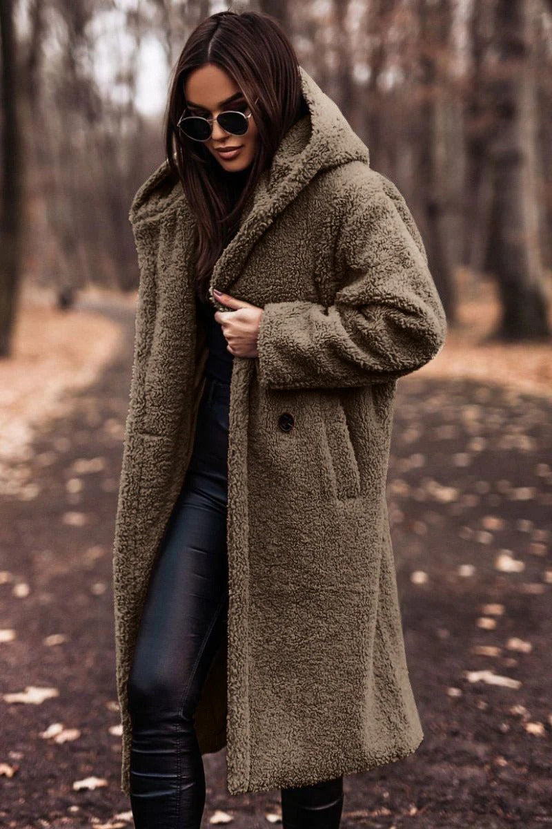 Dam Teddy-kappa – Oversized passform – Plysch fleece – Huvtröja – Öppen lång modell