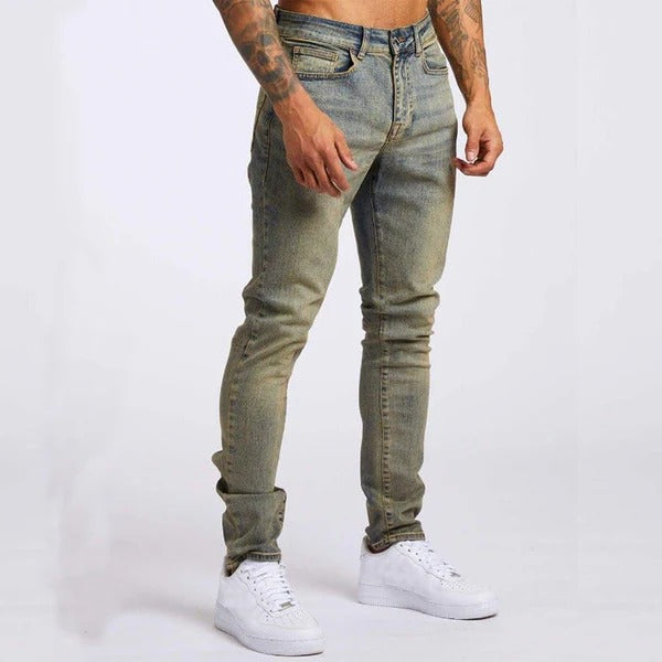 Herrbyxor i denim – Slim fit – Stretchmaterial – Fem fickor – Full längd