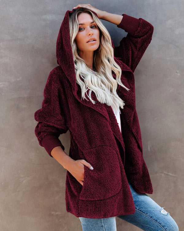 Damkofta med Huva – Sherpa Fleece – Oversized Passform – Öppen Front