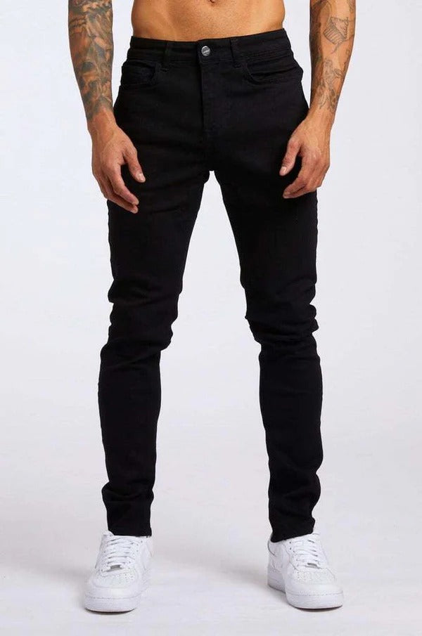 Herrbyxor i denim – Slim fit – Stretchmaterial – Fem fickor – Full längd