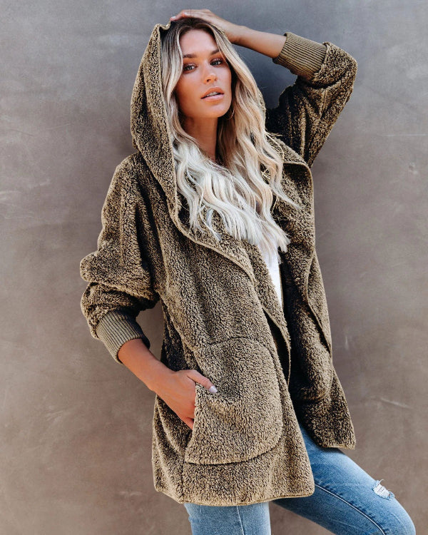 Damkofta med Huva – Sherpa Fleece – Oversized Passform – Öppen Front