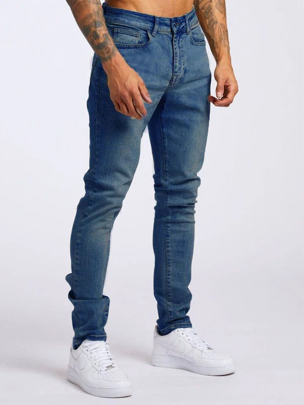 Herrbyxor i denim – Slim fit – Stretchmaterial – Fem fickor – Full längd