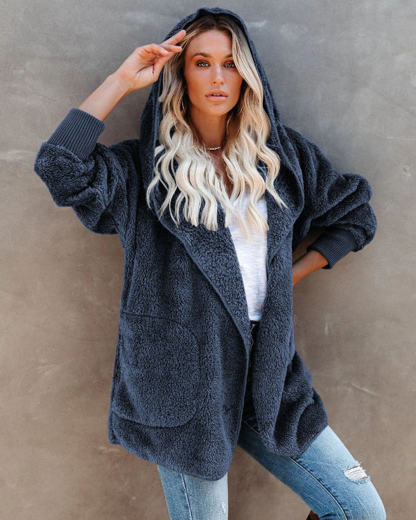 Damkofta med Huva – Sherpa Fleece – Oversized Passform – Öppen Front