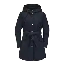 Damtrenchcoat – avslappnad passform – vattenavvisande – huva – bälte – mellanmånga