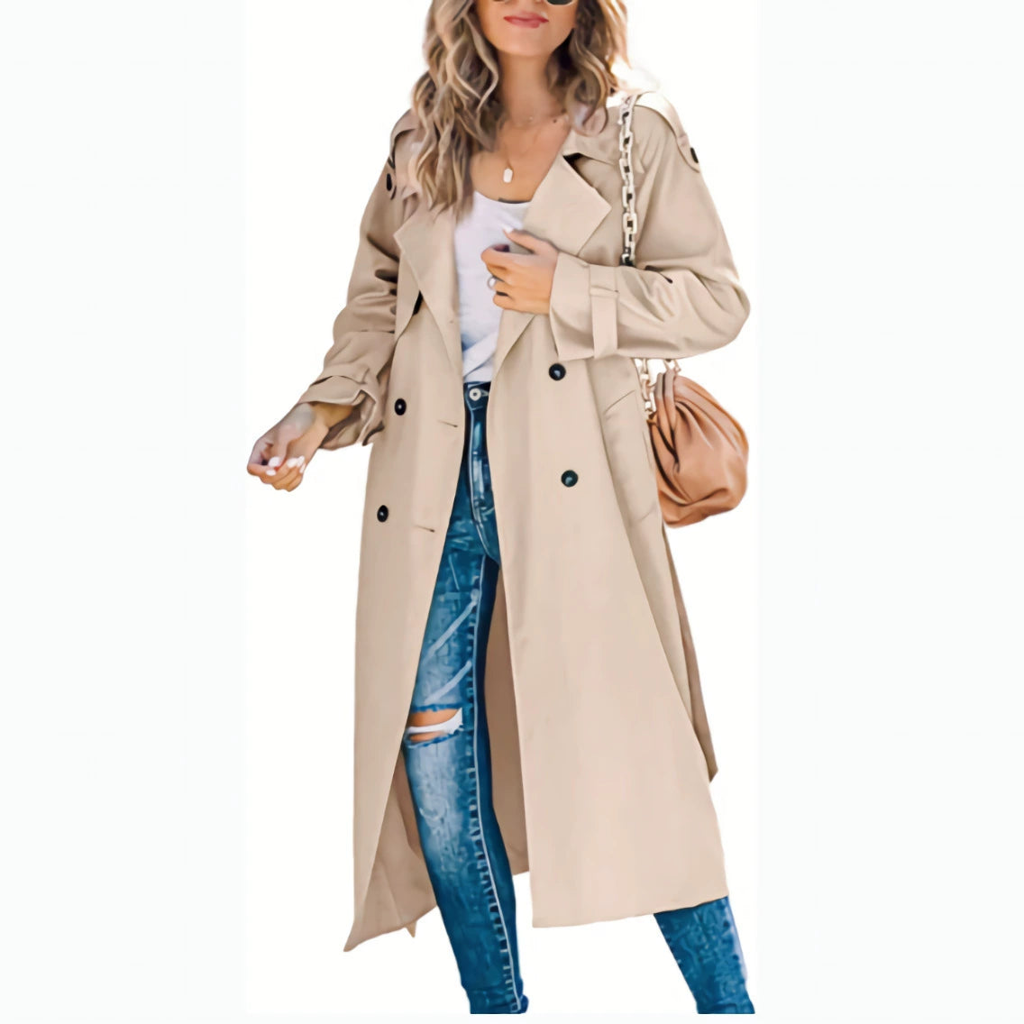 Lang dobbeltspent trenchcoat for kvinner