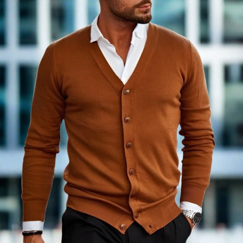 Herr Cardigan – V-ringning – Knäppning – Slim Fit – Långärmad Bomull Ull-blandning