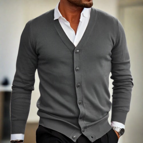 Herr Cardigan – V-ringning – Knäppning – Slim Fit – Långärmad Bomull Ull-blandning