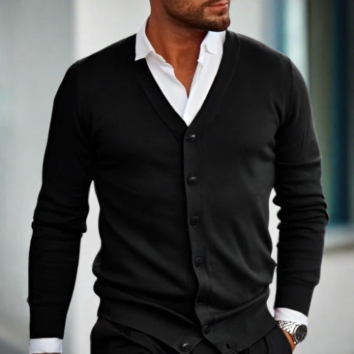 Herr Cardigan – V-ringning – Knäppning – Slim Fit – Långärmad Bomull Ull-blandning