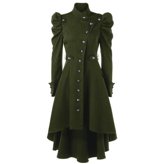 Dam Lång Kappa - Hög Stående Krage - Dubbelsydd - Puffärmar - Elegant Snitt