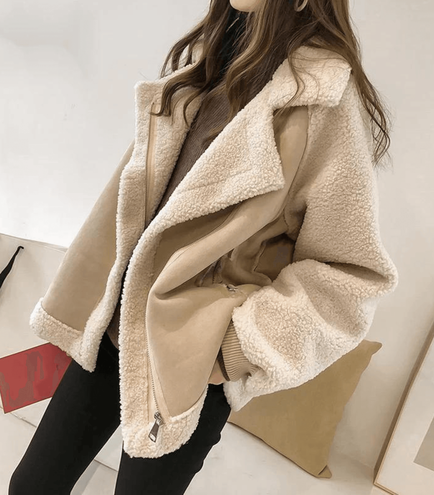 Dam Shearling Jacka - Mocka Yttre - Mjukt Pälsfoder - Oversized Passform - Notch Krage - Dragkedjestängning