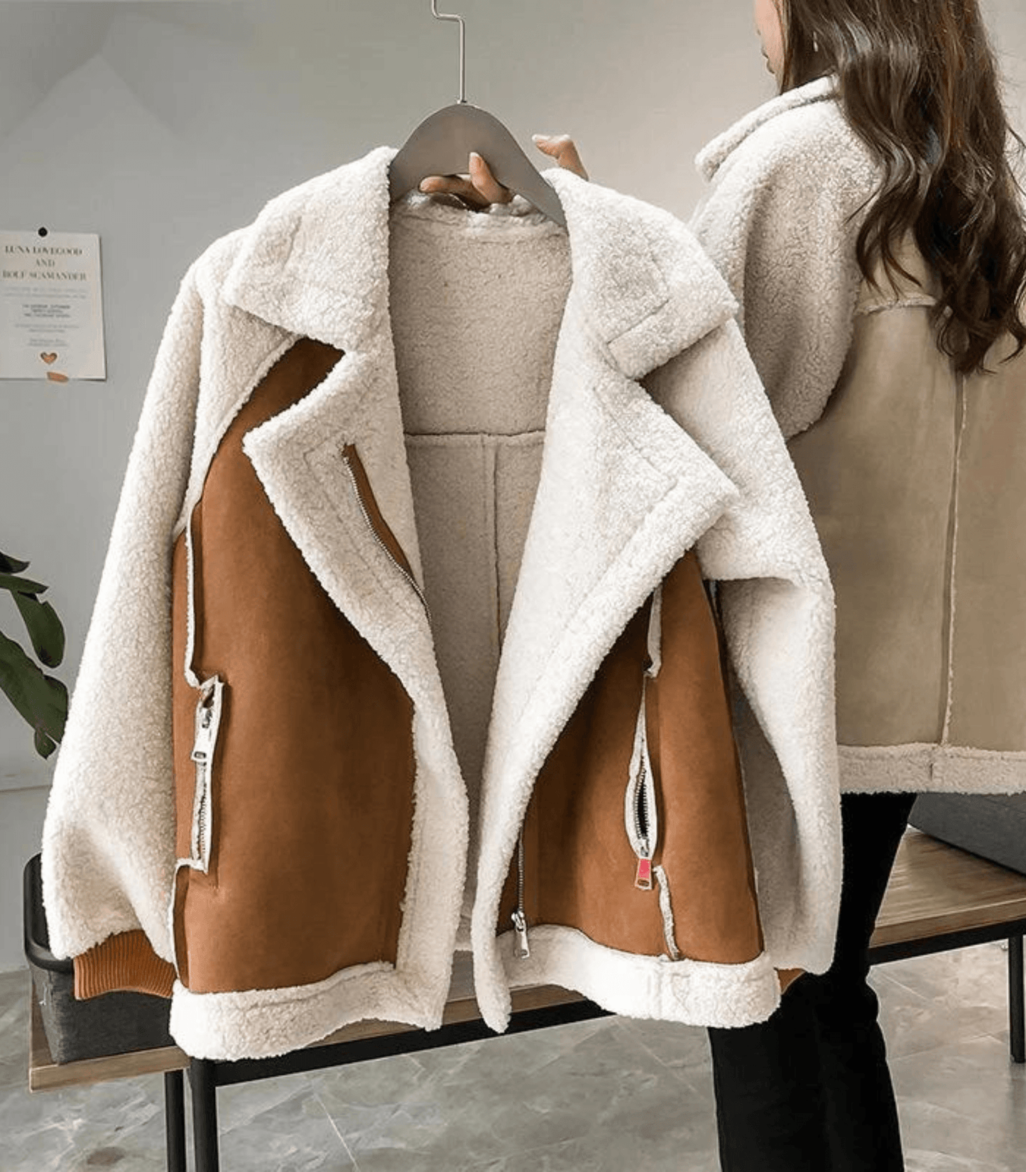 Dam Shearling Jacka - Mocka Yttre - Mjukt Pälsfoder - Oversized Passform - Notch Krage - Dragkedjestängning