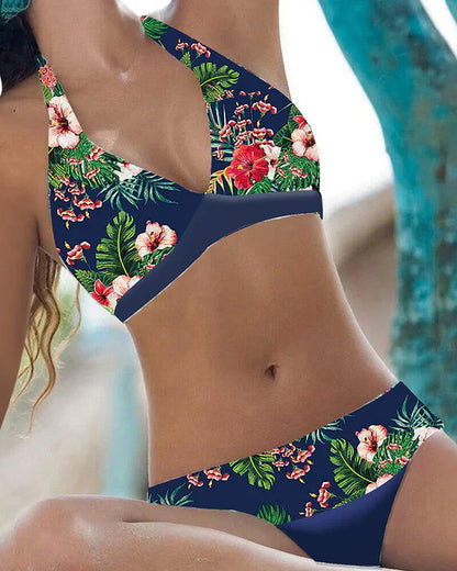 Dam Bikini Set – Halterneck – V-ringning – Stretch Passform – Blommönster