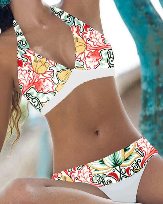 Dam Bikini Set – Halterneck – V-ringning – Stretch Passform – Blommönster