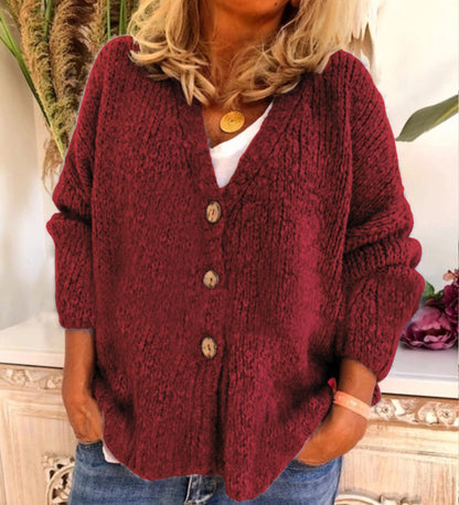 Dam Cardigan - Stickad med Knappar - V-ringad - Oversized och Bekväm