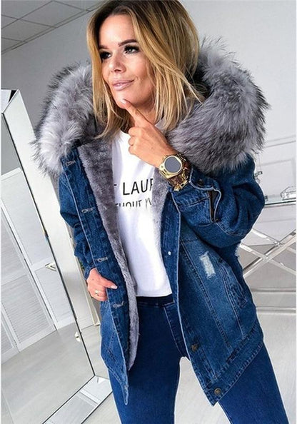 Dam Parkasjacka i Denim – Lång Passform – Fuskpäls Huva – Varm och Trendig