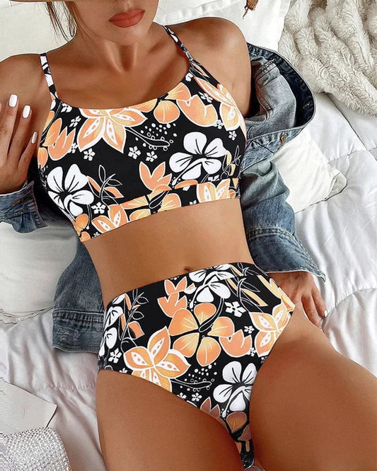 Dam Bikini Set – Hög Midja – Tank Topp – Blommönster – Andningsbart Tyg