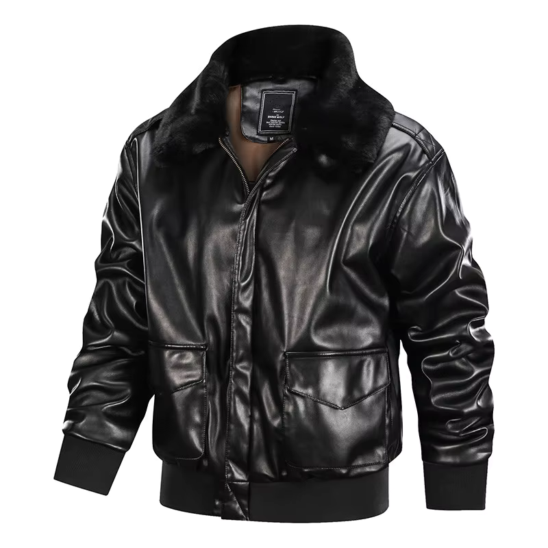 Herr skinnjacka – Regular fit – Dragkedjestängning – Fuskpäls krage – Vintage stil