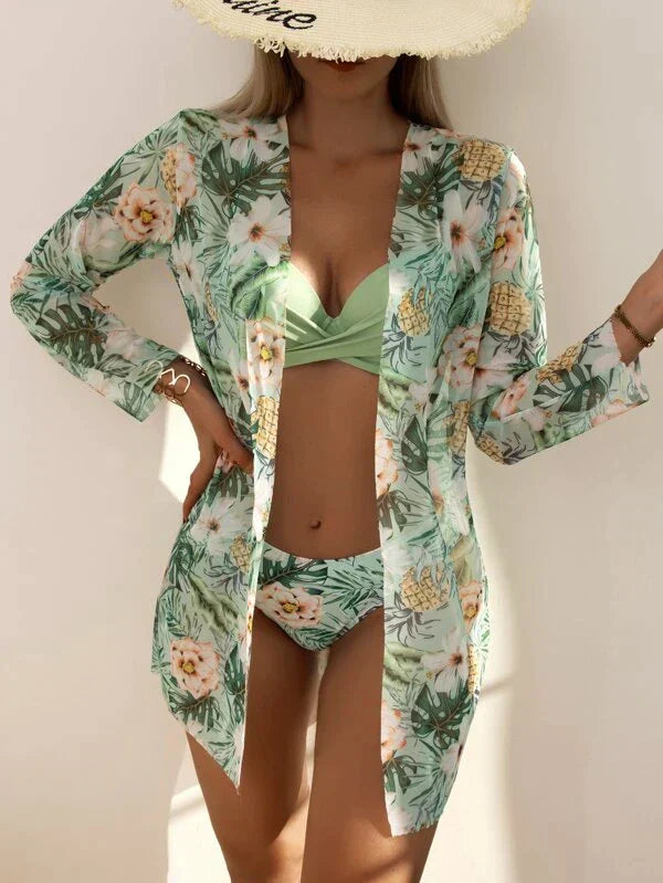 Dam Bikini Set – Rynkad Topp – Justerbara Remmar – Figurnära Passform – Blommigt Underdel