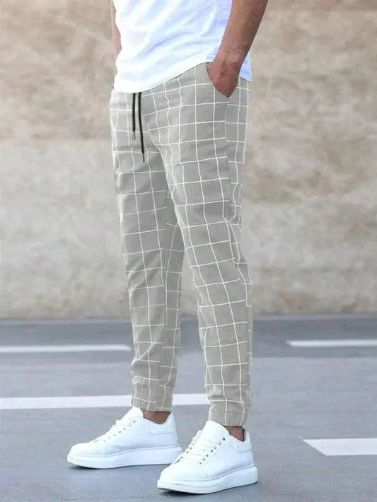Herrbyxor - Rutiga Joggers - Slim Fit - Elastisk Linning med Dragsko - Bekväm