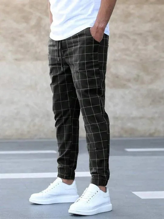 Herrbyxor - Rutiga Joggers - Slim Fit - Elastisk Linning med Dragsko - Bekväm