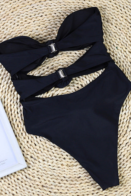 Dam baddräkt – Bandeau – Hög skärning – Blomdetaljer – Sidoutskärning