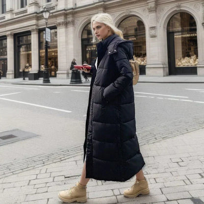 Dam Lång Dunjacka - Varm och Vadderad - Hög Krage med Huva - Praktiska Sidofickor