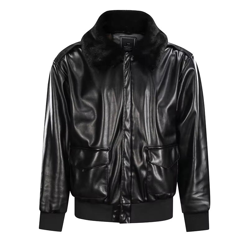 Herr skinnjacka – Regular fit – Dragkedjestängning – Fuskpäls krage – Vintage stil