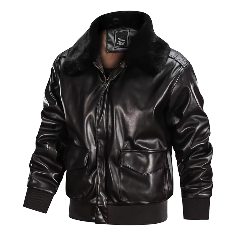 Herr skinnjacka – Regular fit – Dragkedjestängning – Fuskpäls krage – Vintage stil