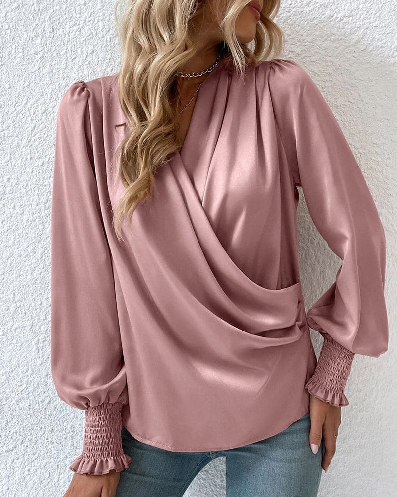 Dam Blus - Elegant Snitt - Djup V-ringning - Långa Puffärmar - Smockdetaljer