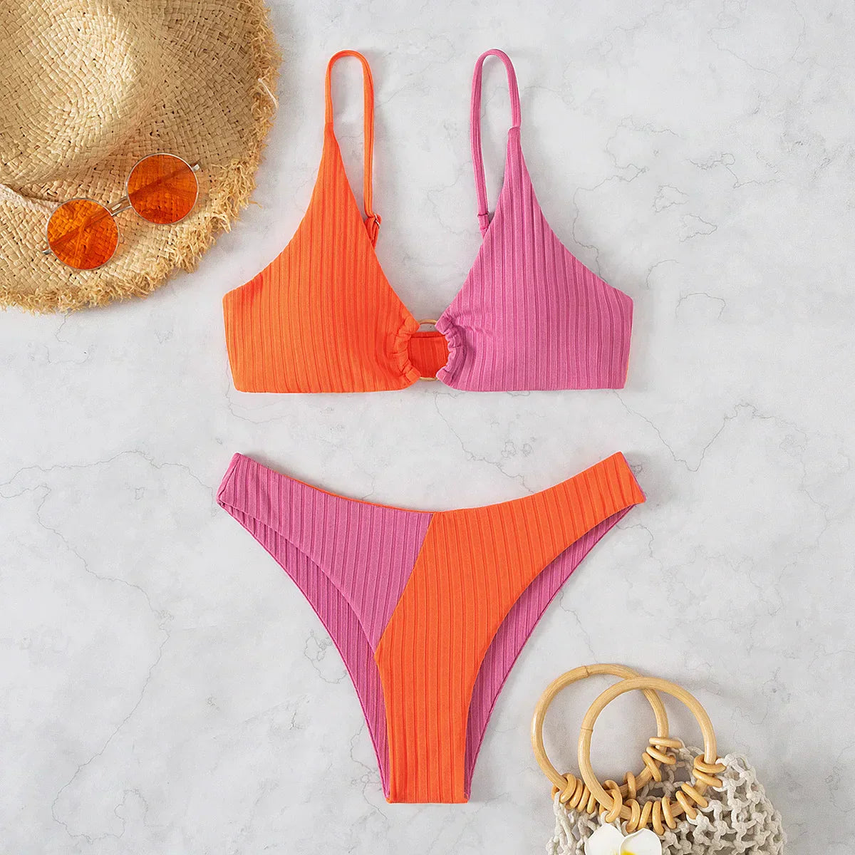 Dam Bikini Set – Push-Up Topp – Hög Midja – Ribbstickad – Skulpterande Passform
