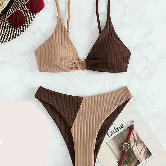 Dam Bikini Set – Push-Up Topp – Hög Midja – Ribbstickad – Skulpterande Passform
