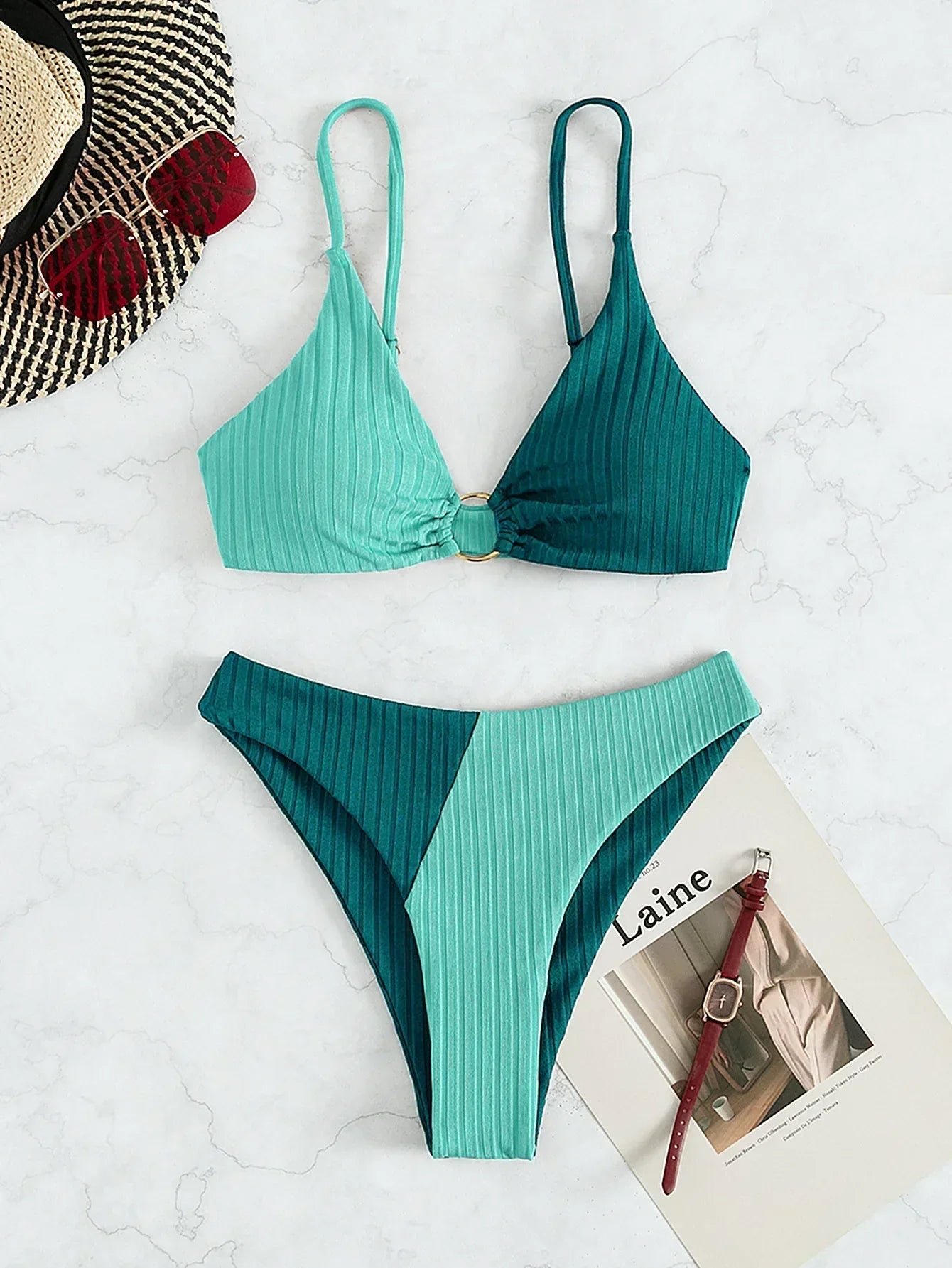 Dam Bikini Set – Push-Up Topp – Hög Midja – Ribbstickad – Skulpterande Passform