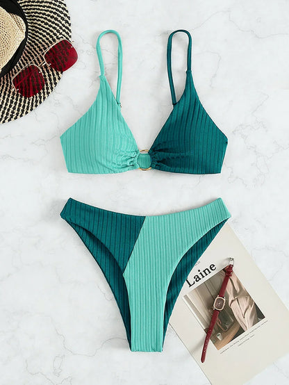 Dam Bikini Set – Push-Up Topp – Hög Midja – Ribbstickad – Skulpterande Passform