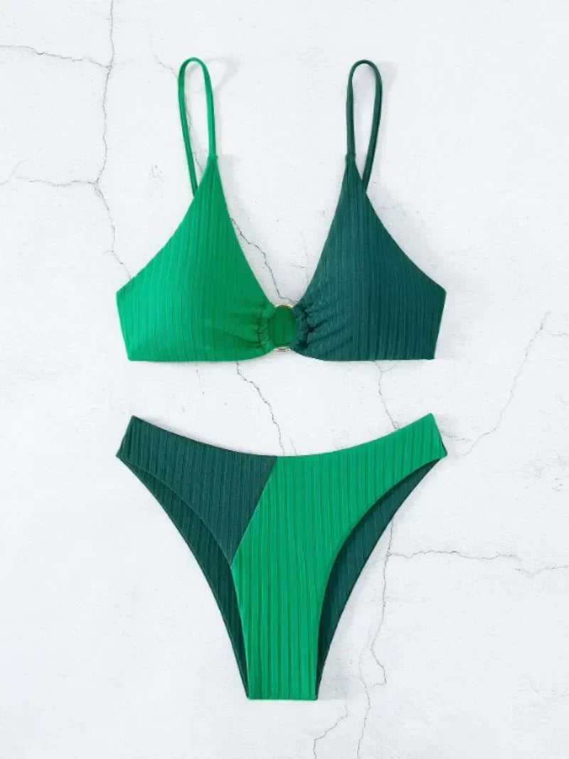 Dam Bikini Set – Push-Up Topp – Hög Midja – Ribbstickad – Skulpterande Passform