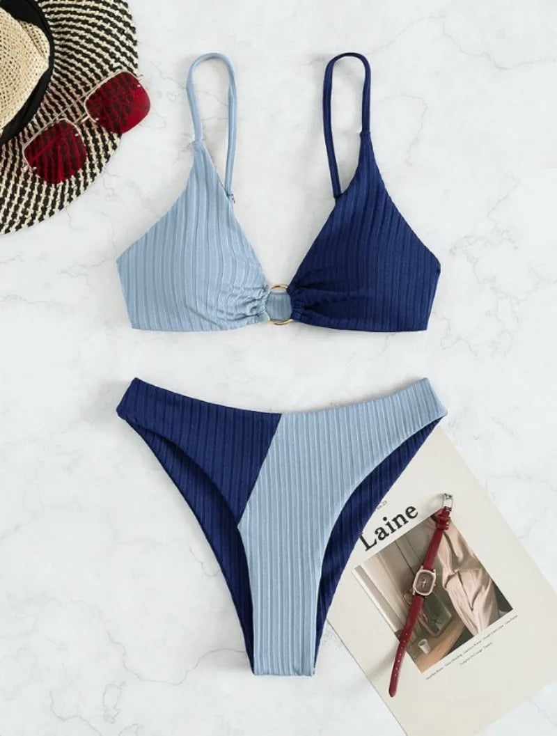 Dam Bikini Set – Push-Up Topp – Hög Midja – Ribbstickad – Skulpterande Passform
