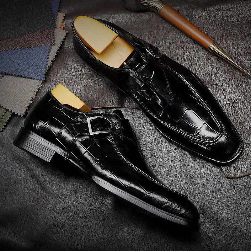 Herrskor monk strap – polerat läder – präglat mönster – fyrkantig tå formell