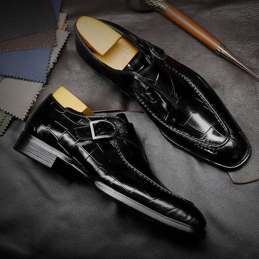 Herrskor monk strap – polerat läder – präglat mönster – fyrkantig tå formell