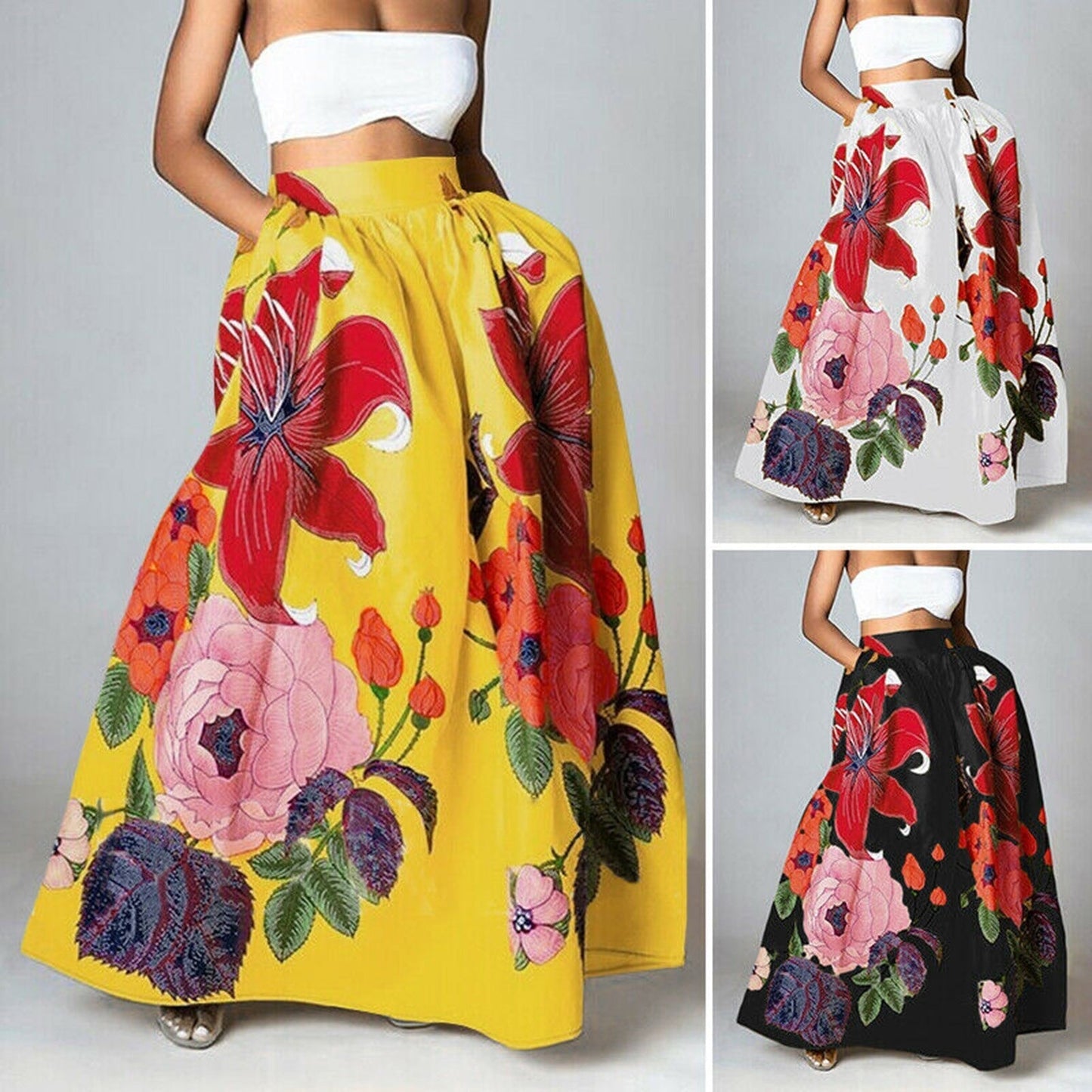 Dam A-linjekjol – Hög Midja – Lång och Voluminös – Blommönster Elegant Look