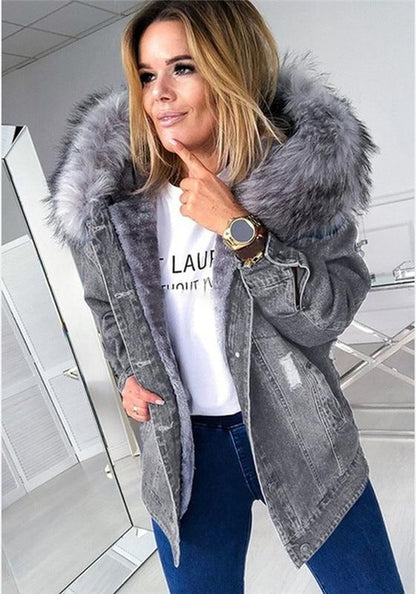 Dam Parkasjacka i Denim – Lång Passform – Fuskpäls Huva – Varm och Trendig