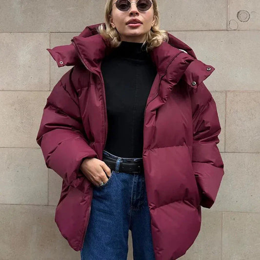 Dam Pufferjacka – Oversized Passform – Vadderad Huva – Mellanlång och Isolerad