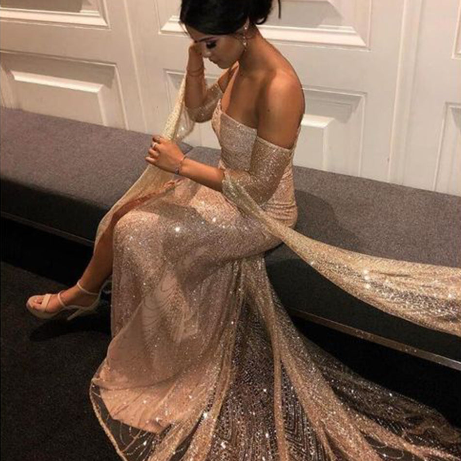 Dam Galaklänning – Elegant Lång Klänning – Djup Ringning – Off-Shoulder – Hög Slitsad Kjol